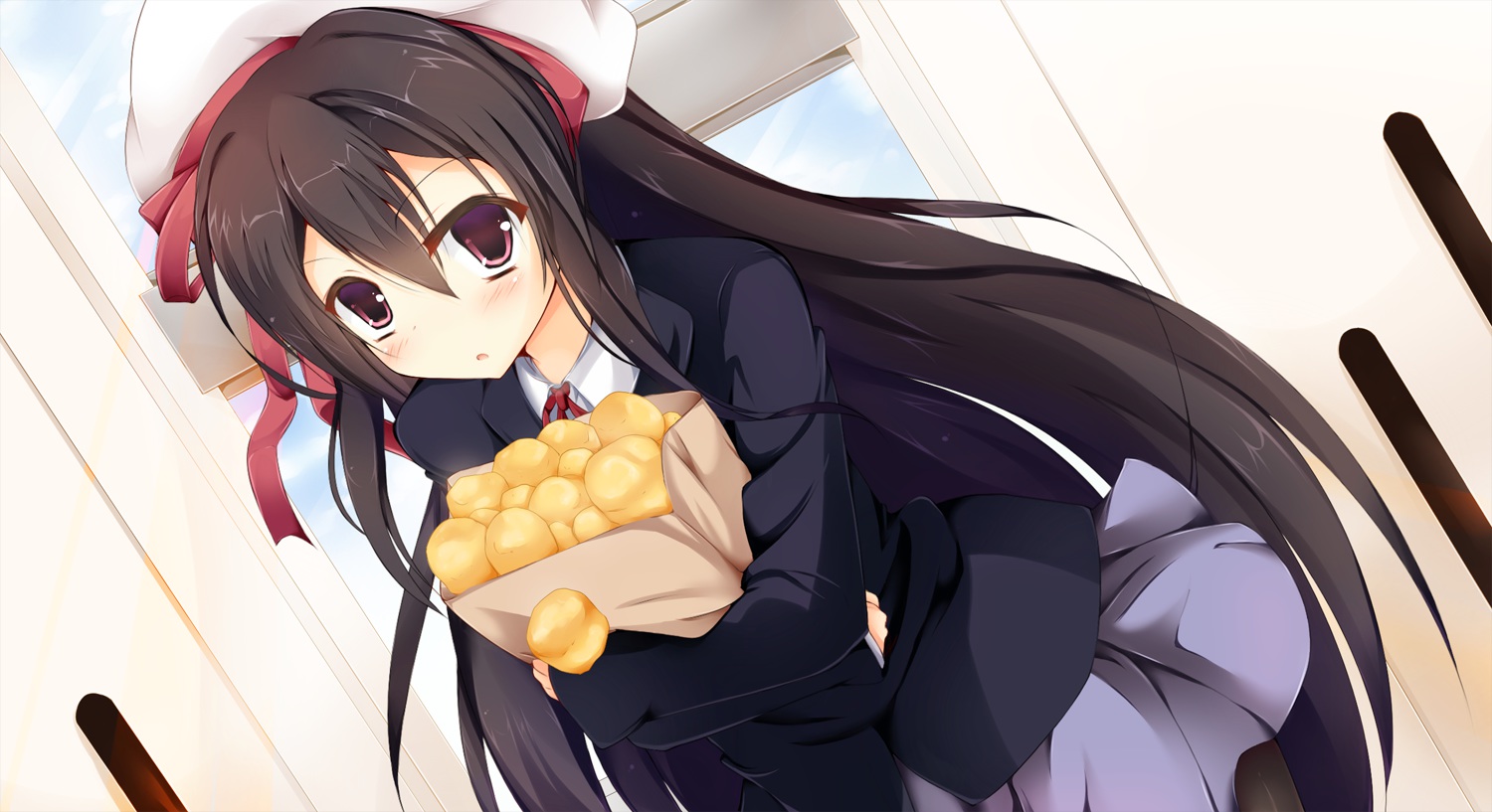 black_hair, bow, food, hat, long_hair, original, red_eyes, ribbons, school_uniform, siratamamil, tagme