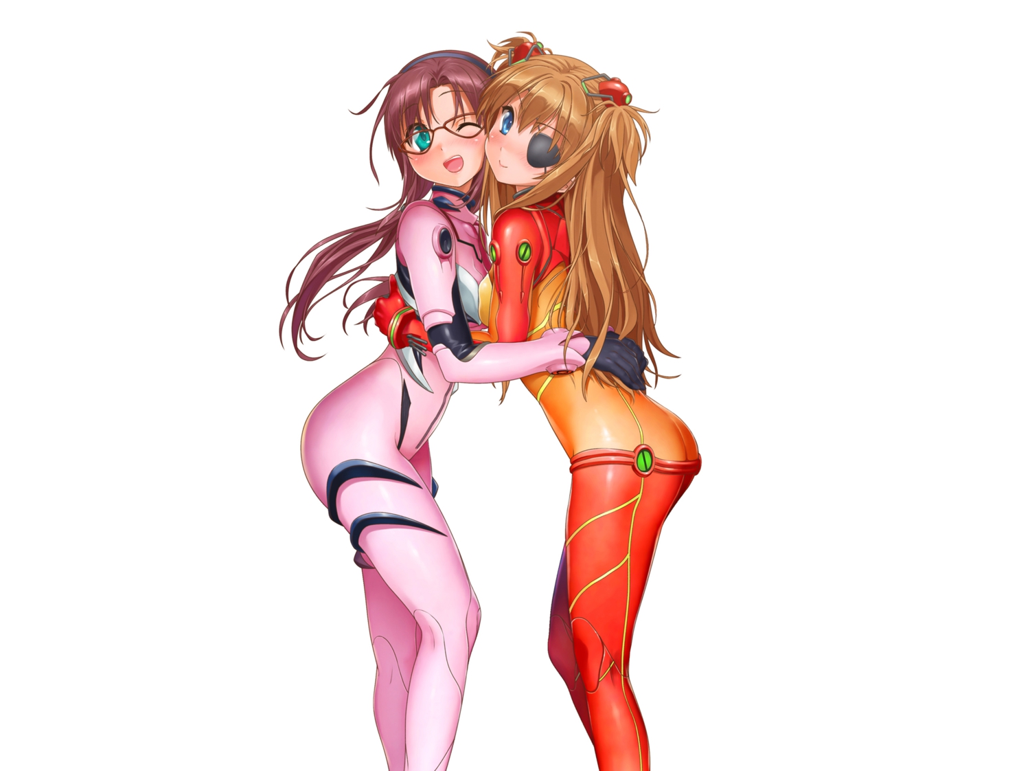 2girls, bodysuit, eyepatch, glasses, makinami_mari_illustrious, misakamitoko0903, neon_genesis_evangelion, skintight