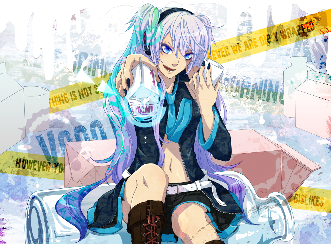 blue_eyes, boots, fang, gray_hair, hagane_miku, headphones, momopanda, tie