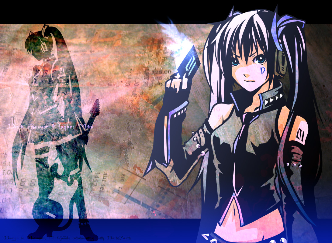 blue_eyes, guitar, hagane_miku, headphones, instrument, momopanda, tattoo, tie