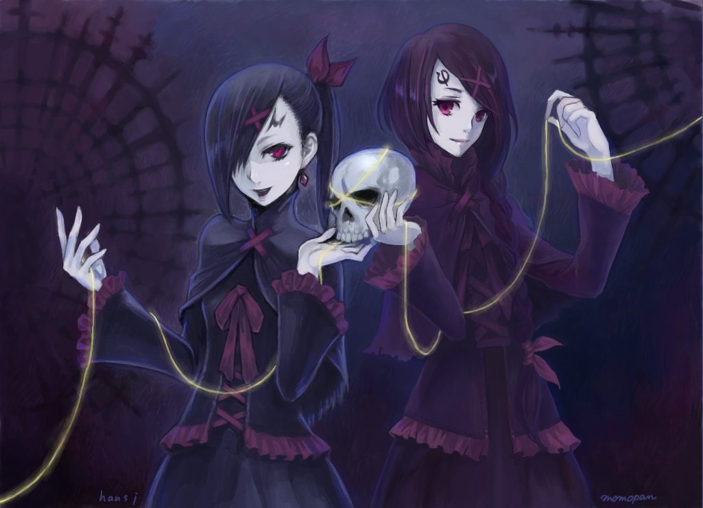 2girls, black_hair, brown_hair, dark, red_eyes, shinichi_tahara, signed, skull