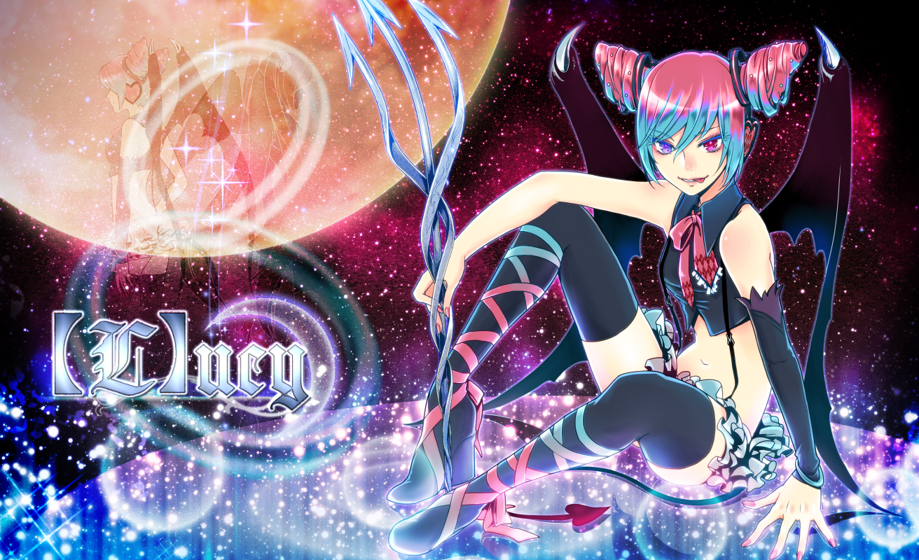 aqua_hair, bicolored_eyes, hatsune_miku, [l]ucy_(vocaloid), momopanda, moon, pink_hair, stars