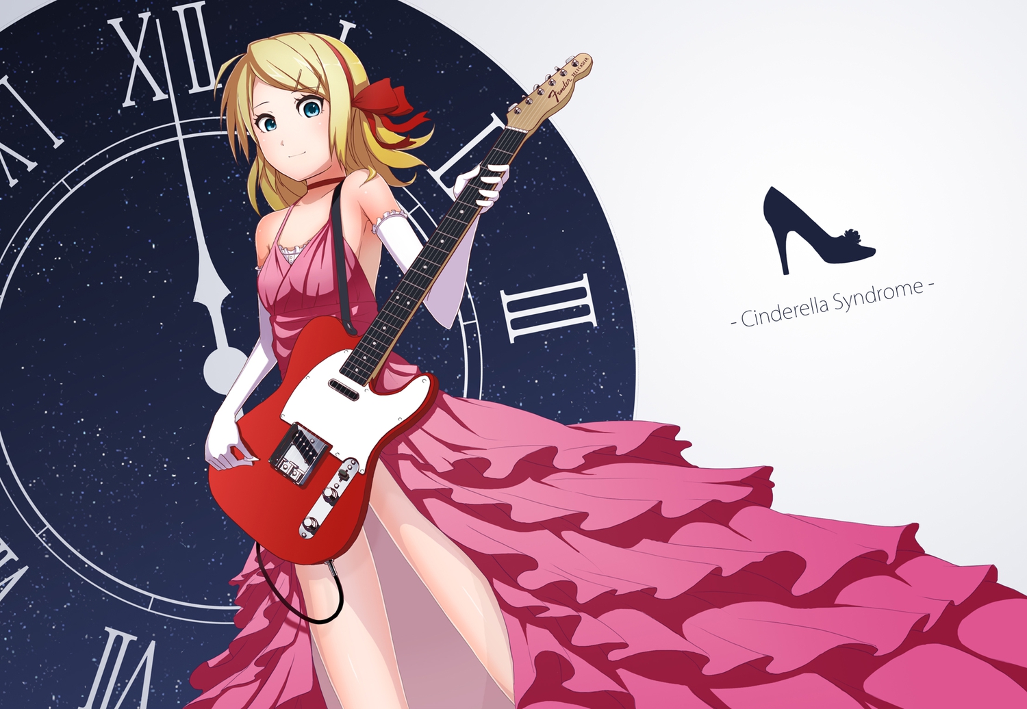 blonde_hair, blue_eyes, dress, elbow_gloves, gloves, guitar, instrument, kagamine_rin, tohogaeru, vocaloid