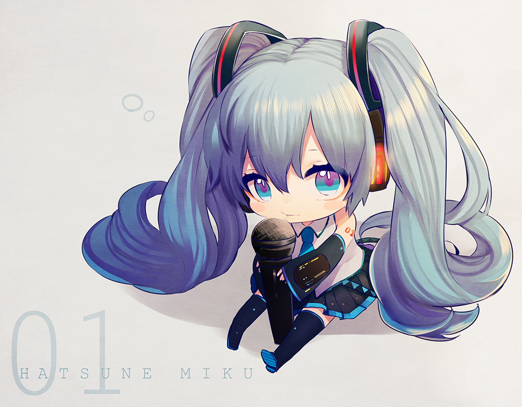aqua_eyes, aqua_hair, blush, chibi, harano, hatsune_miku, headphones, kyama, long_hair, microphone, skirt, tattoo, thighhighs, tie, twintails, vocaloid, zettai_ryouiki