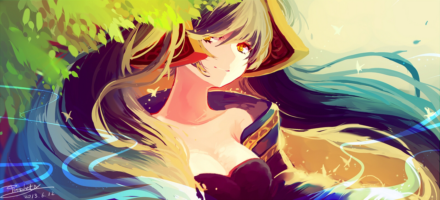 aqua_hair, breasts, cleavage, green_hair, league_of_legends, leaves, long_hair, prophet_heart, signed, sona_buvelle, twintails, yellow_eyes