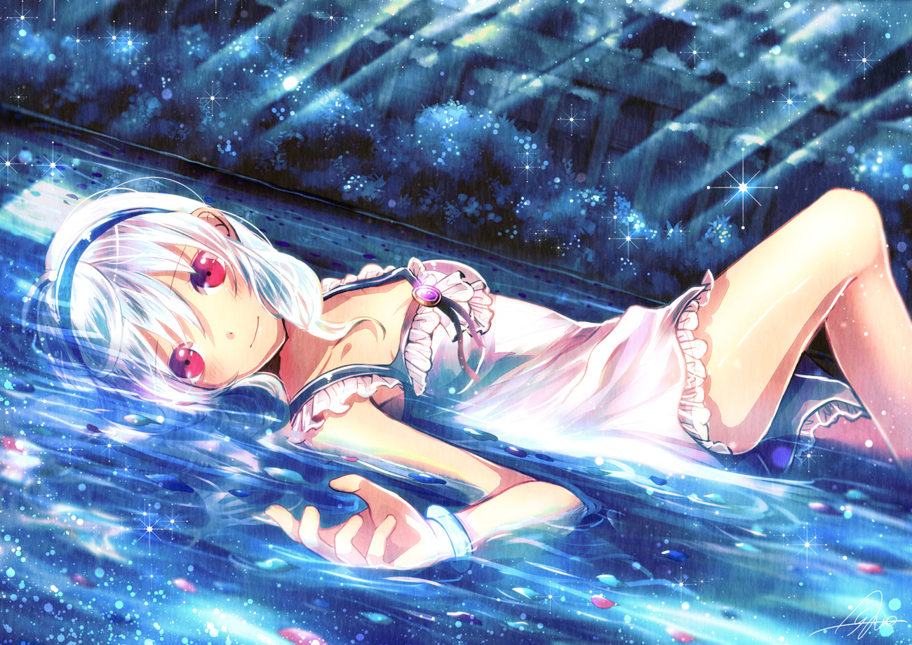 dress, original, petals, red_eyes, sazanami_shione, water, wet