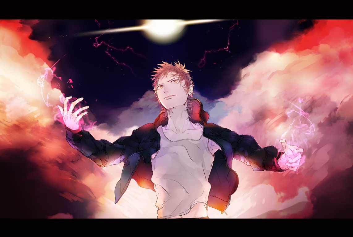 all_male, clouds, k_(anime), male, red_hair, shirt, short_hair, sky, tagme_(artist), yata_misaki, yellow_eyes