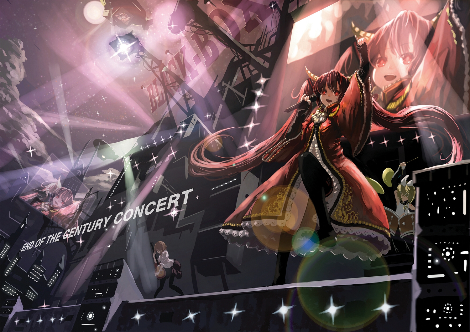 drums, guitar, hatsune_miku, horns, instrument, kagamine_rin, long_hair, microphone