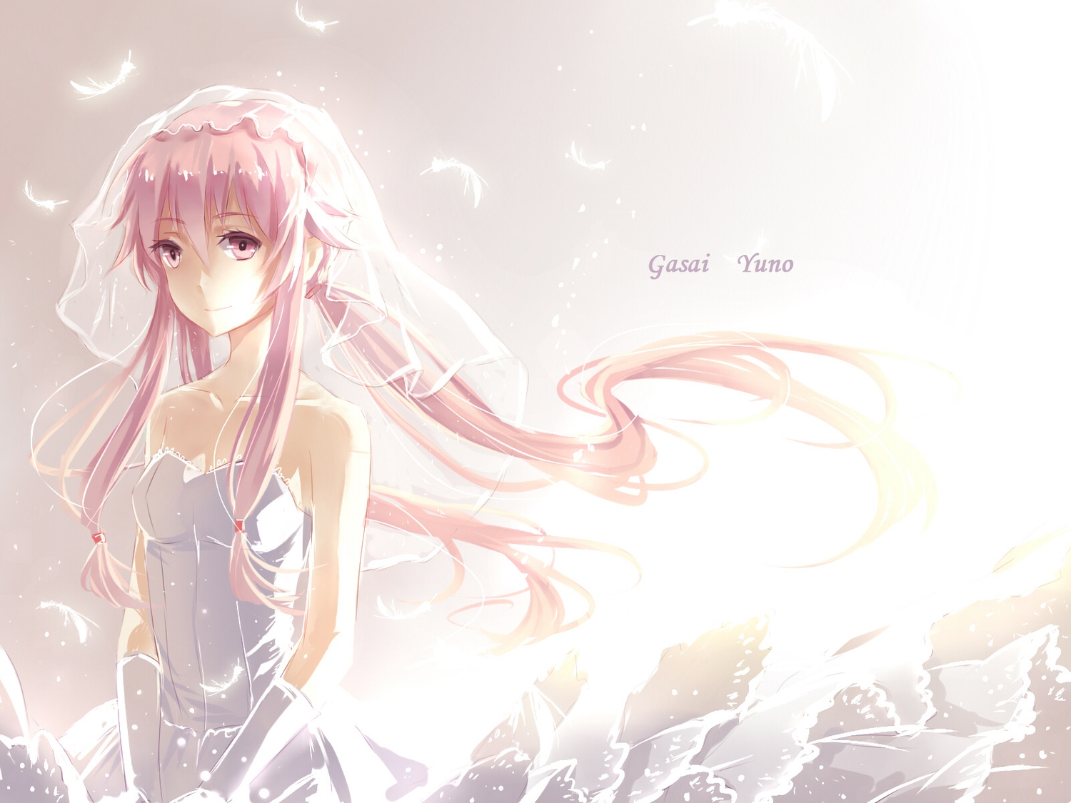 a_luo, feathers, gasai_yuno, mirai_nikki, pink_eyes, pink_hair, wedding_attire