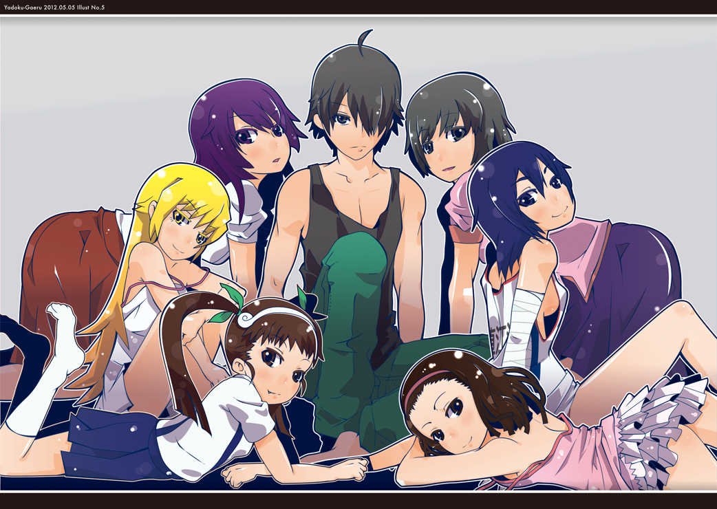 araragi_koyomi, bakemonogatari, hachikuji_mayoi, hanekawa_tsubasa, kanbaru_suruga, loli, male, monogatari_(series)