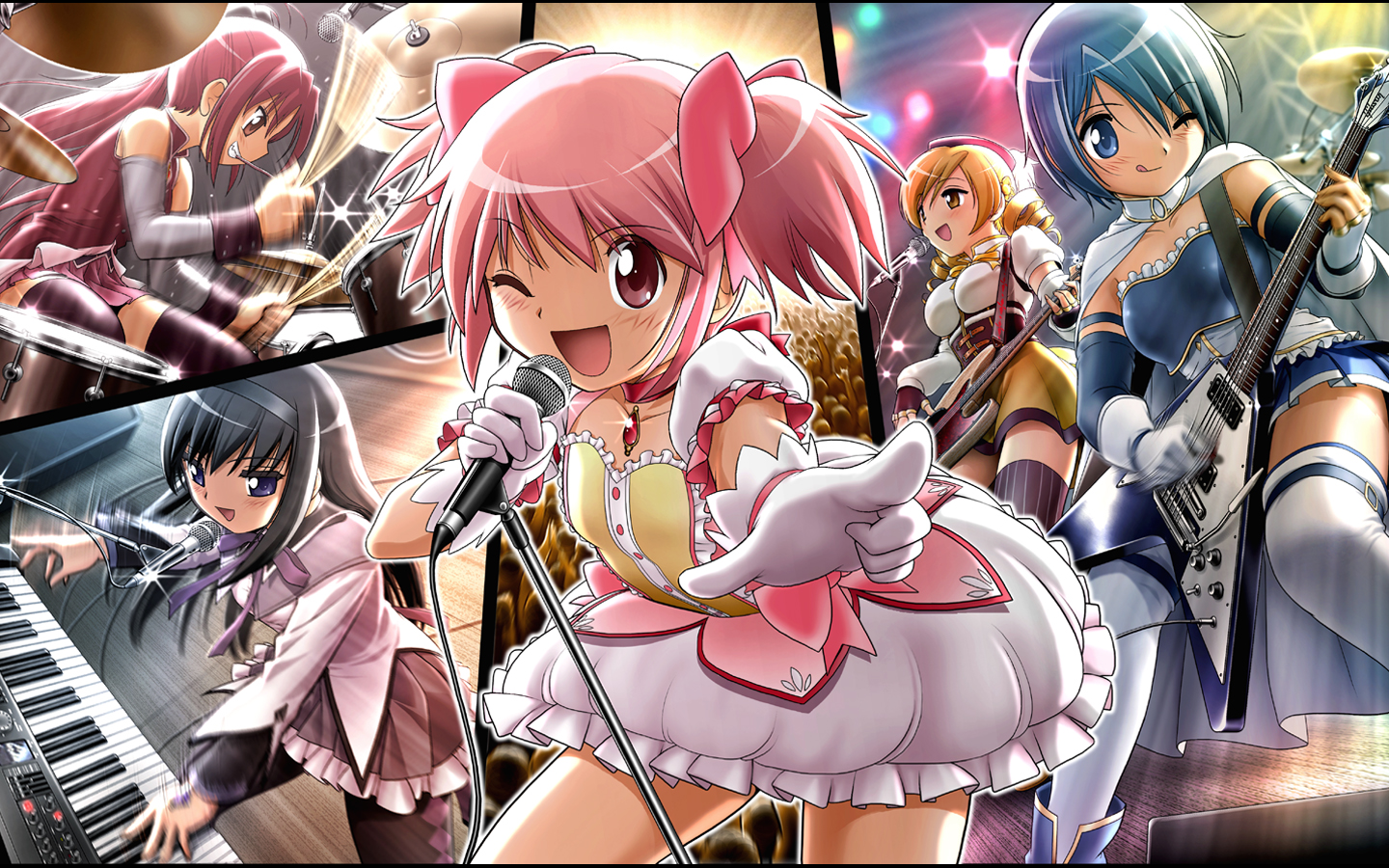 akemi_homura, black_hair, blonde_hair, blue_eyes, blue_hair, instrument, kaname_madoka, mahou_shoujo_madoka_magica