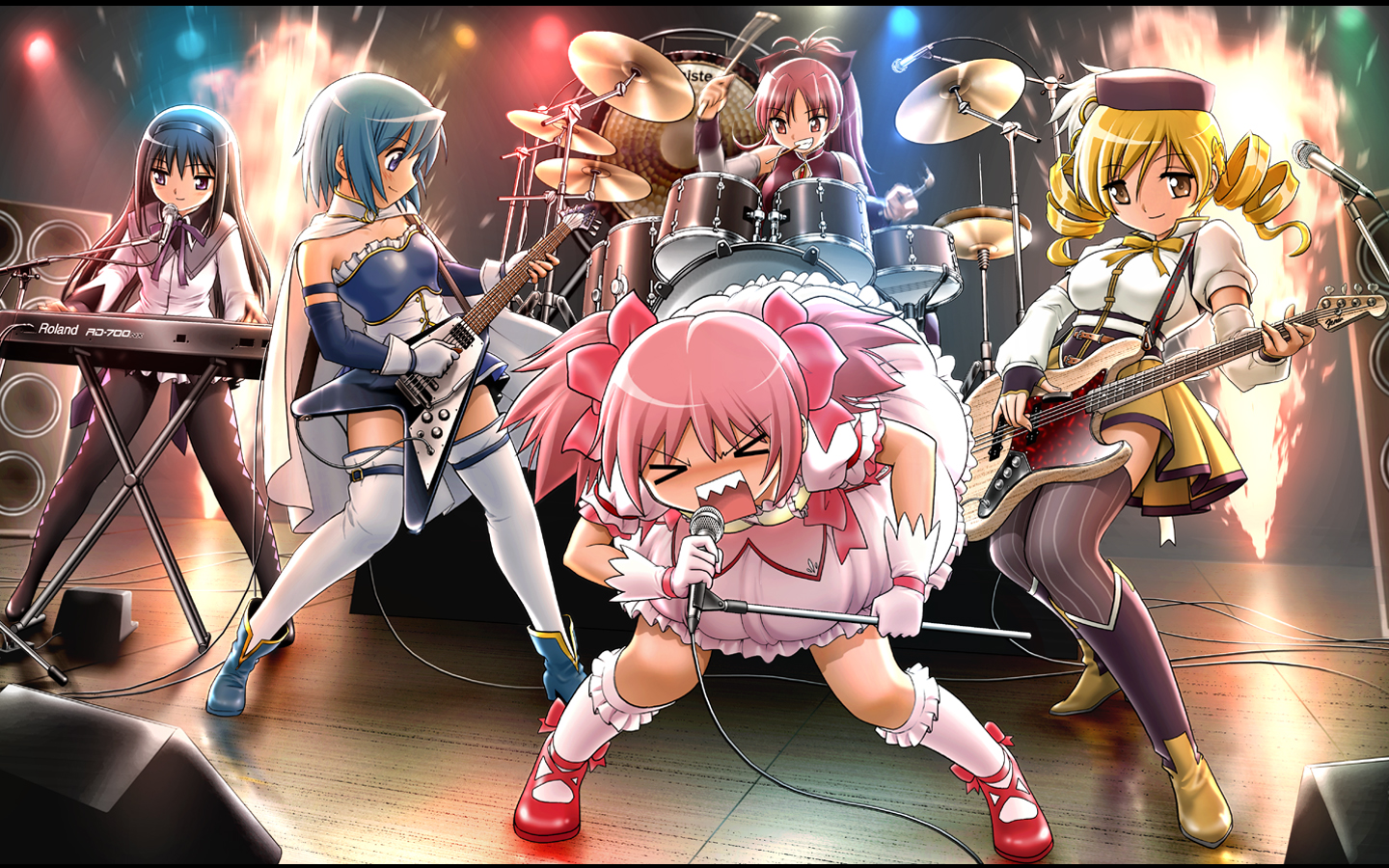 akemi_homura, black_hair, blonde_hair, blue_eyes, blue_hair, instrument, kaname_madoka, mahou_shoujo_madoka_magica, miki_sayaka, red_eyes, red_hair, sakura_kyouko, shingyouji_tatsuya, tomoe_mami, yellow_eyes