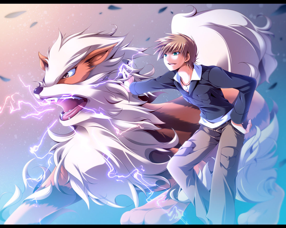 all_male, arcanine, brown_hair, fang, green_eyes, male, mayokichi, necklace