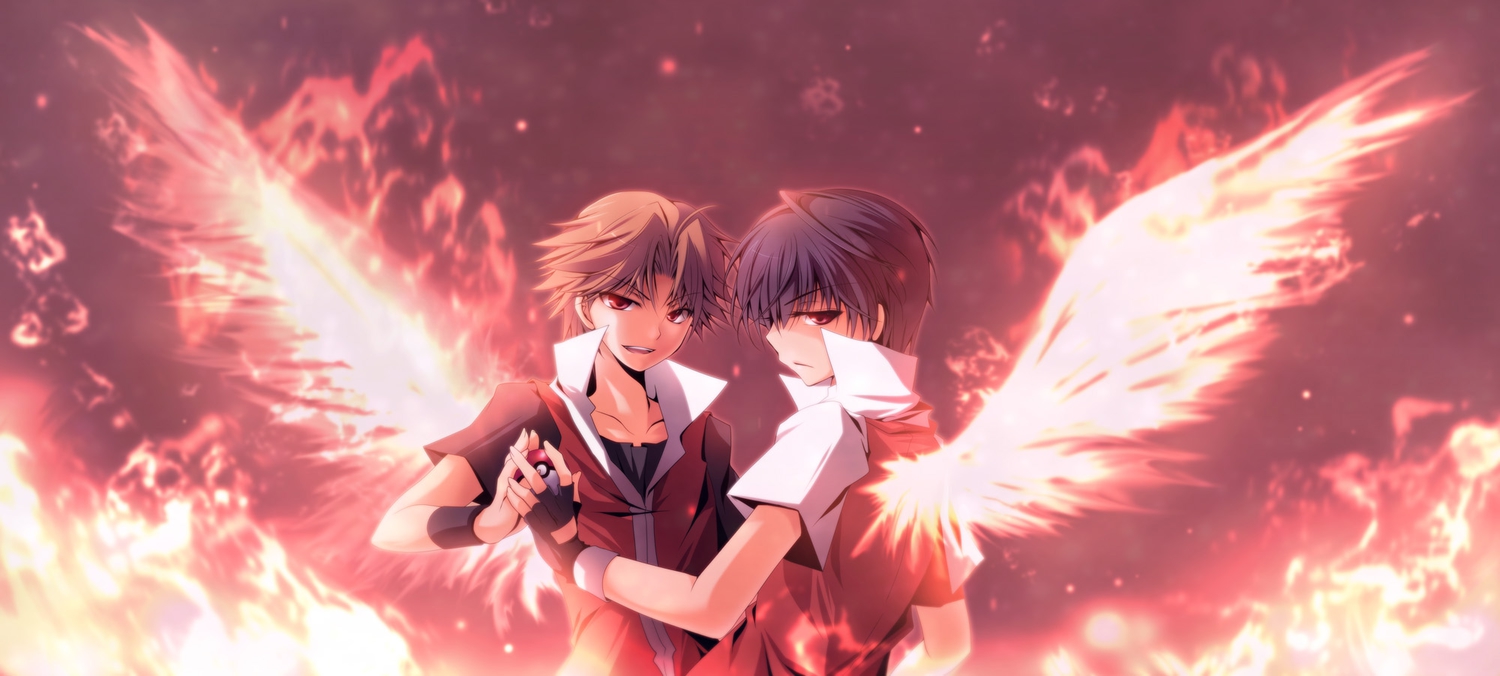 all_male, black_hair, brown_hair, fire, male, mayokichi, pokemon, red_eyes