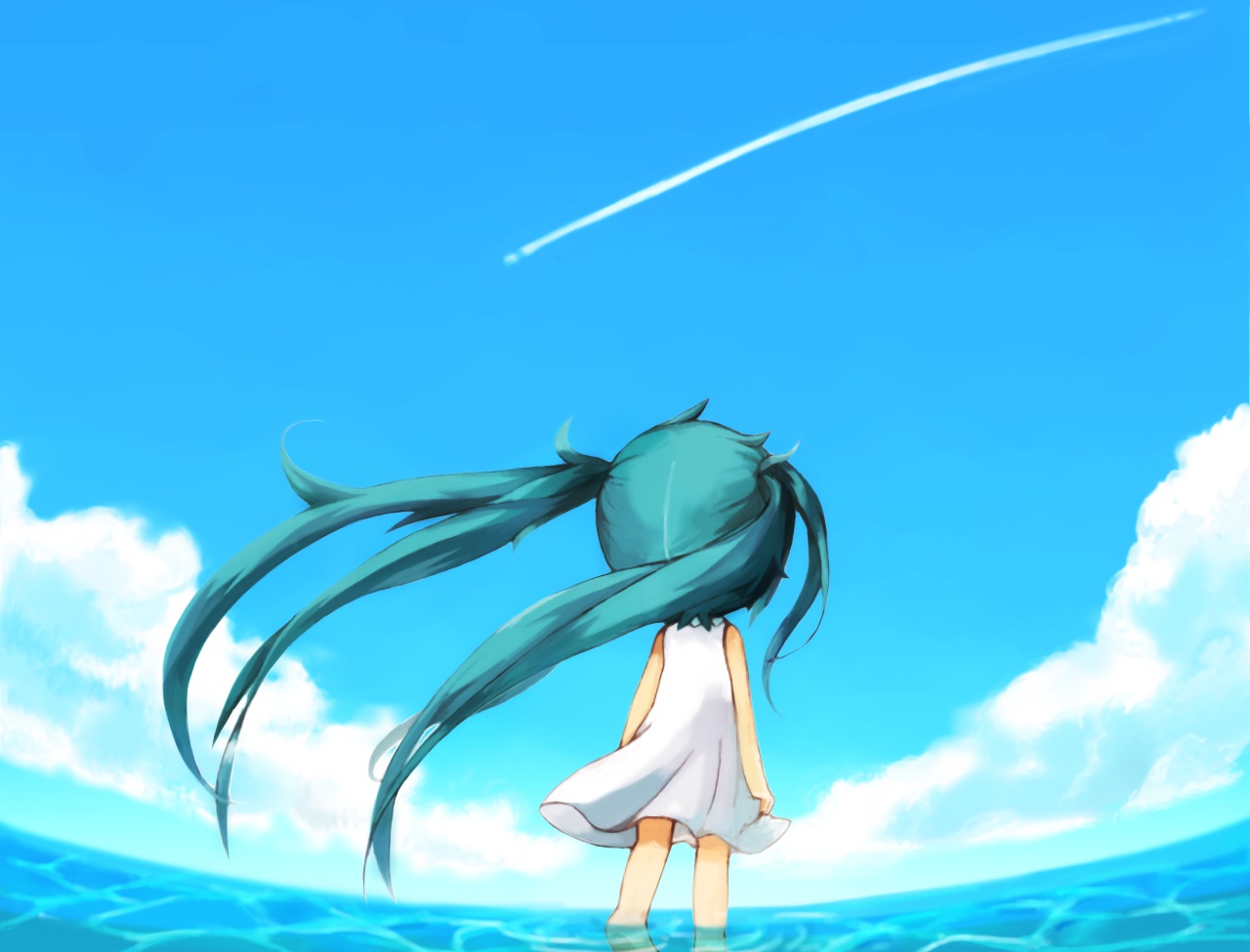 aqua_hair, chibi, clouds, dress, hatsune_miku, mochi_(empty_p), sky, twintails, vocaloid, water