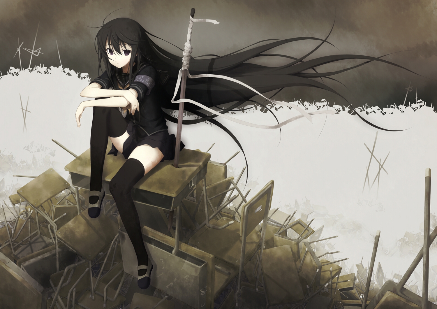 black_eyes, black_hair, long_hair, original, ruins, school_uniform, skirt, sword, thighhighs, weapon, zyaan
