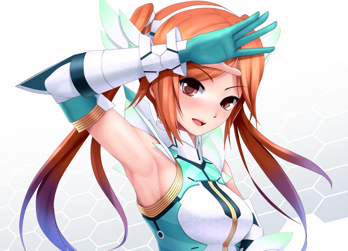 blush, elbow_gloves, eto, gloves, headband, long_hair, orange_eyes, orange_hair, phantasy_star_online, quna_(pso2), twintails