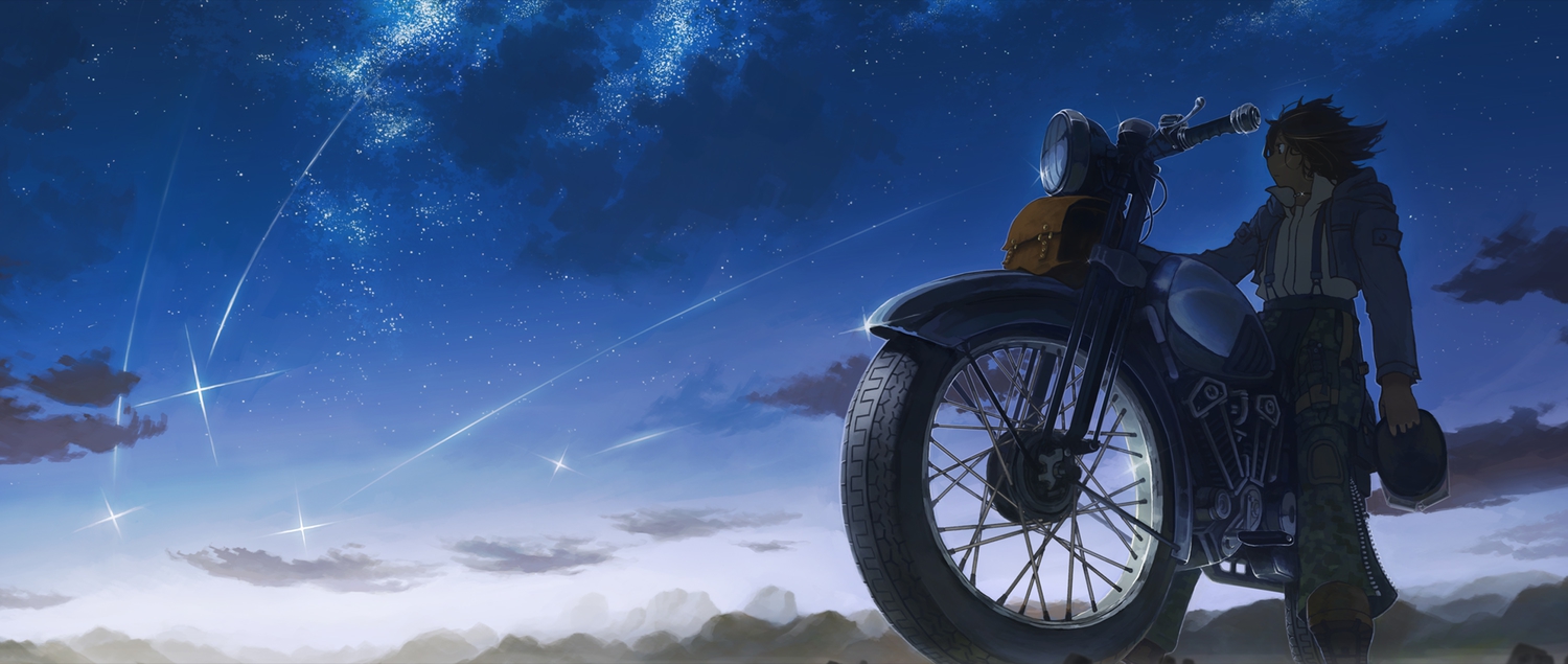 choker, clouds, hatsuga_(dmaigmai), jpeg_artifacts, motorcycle, night, original, scenic