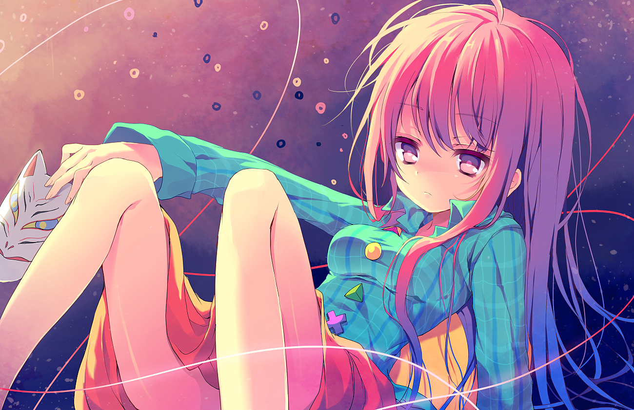 barefoot, hata_no_kokoro, long_hair, mask, pink_eyes, pink_hair, reia, skirt