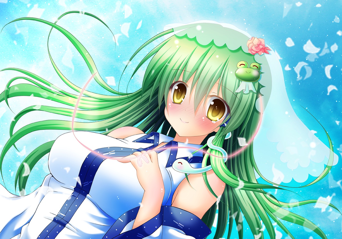 blush, gray_hair, headdress, japanese_clothes, kochiya_sanae, miko, petals, shin_osada, sky, touhou, yellow_eyes