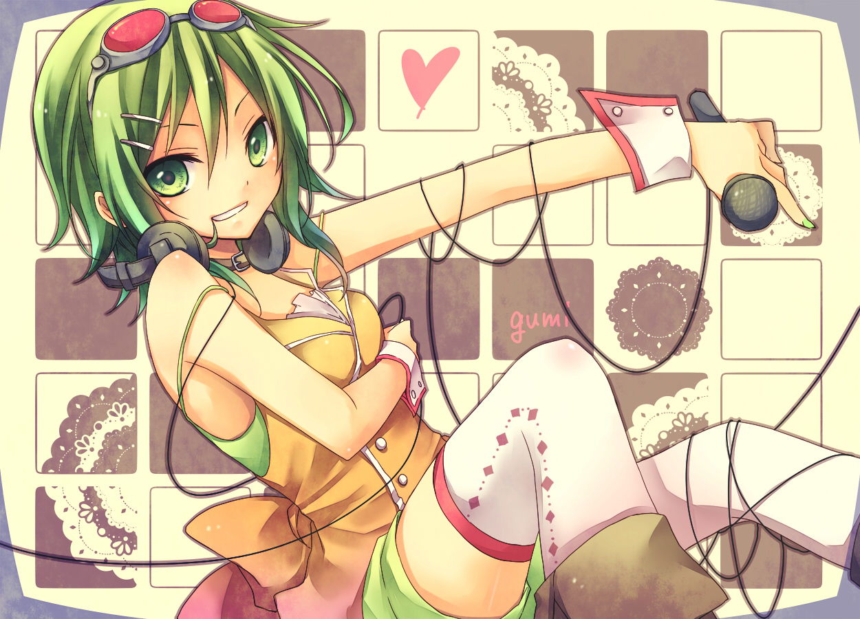 goggles, green_eyes, green_hair, gumi, headphones, kuroi_(liar-player), microphone, thighhighs