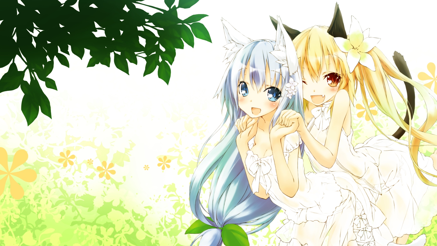 2girls, animal_ears, blonde_hair, breasts, catgirl, cleavage, gray_hair, lilac_(saeki_touma)