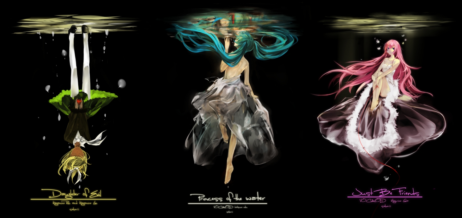 aku_no_musume_(vocaloid), apple, aqua_eyes, aqua_hair, barefoot, blonde_hair, blue_eyes, blue_hair, bubbles, deep-sea_girl_(vocaloid), dress, food, fruit, hatsune_miku, just_be_friends_(vocaloid), kagamine_rin, long_hair, megurine_luka, pink_hair, ribbons, saberiii, short_hair, signed, skirt, story_of_evil_(vocaloid), tagme, thighhighs, twintails, underwater, vocaloid, water