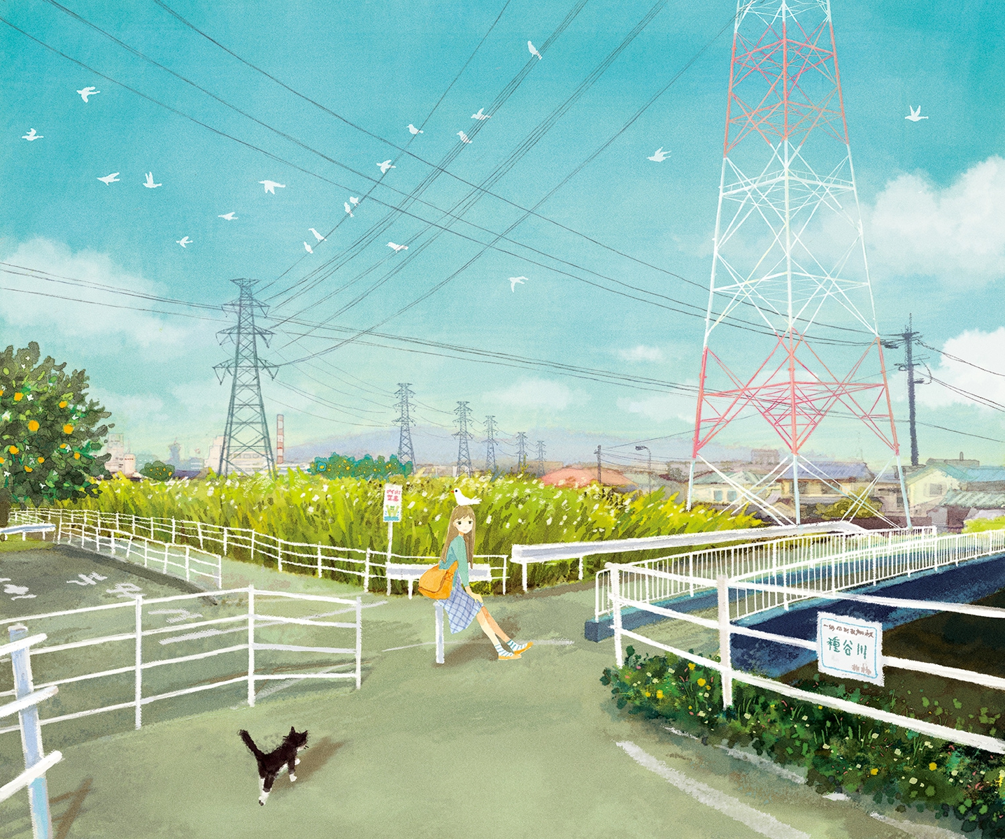 animal, bird, building, cat, clouds, grass, landscape, original, scenic, sky, tree, yuuko_(nora0x0)