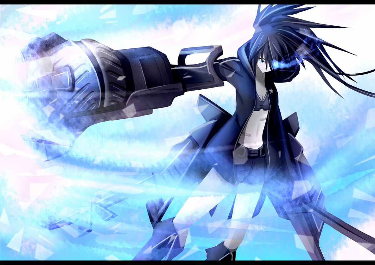 bikini_top, black_hair, black_rock_shooter, blue_eyes, boots, gun, kuroi_mato, kuwachii
