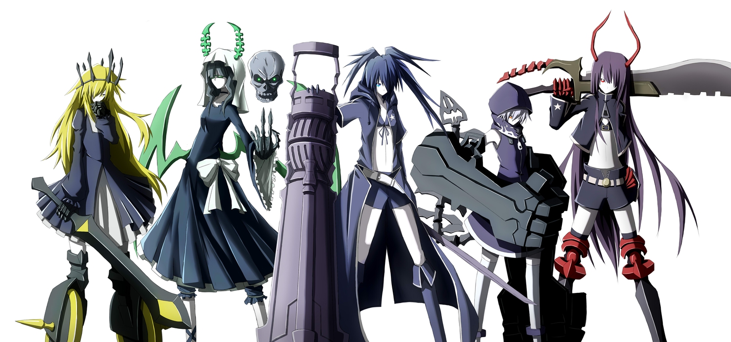 black_rock_shooter, boots, gun, hood, horns, irino_saya, izuriha_kagari, koutari_yuu