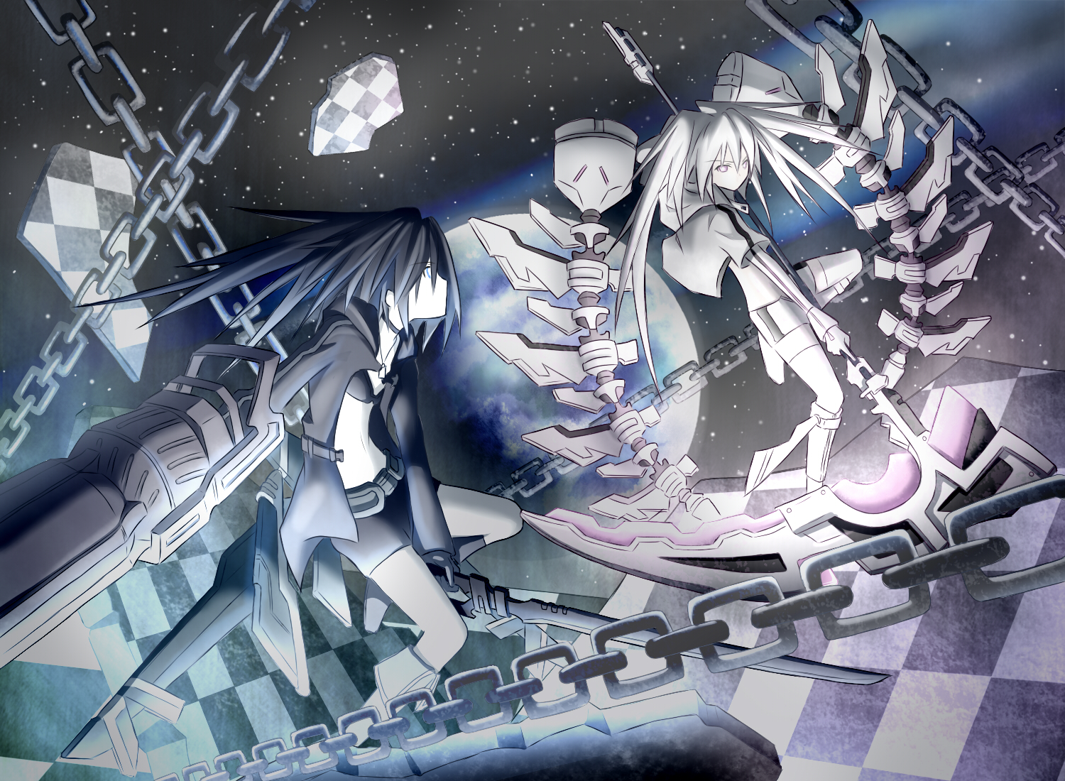2girls, black_hair, black_rock_shooter, chain, gun, kuroi_mato, kuwachii, moon, scythe, sword, weapon, white_hair, white_rock_shooter