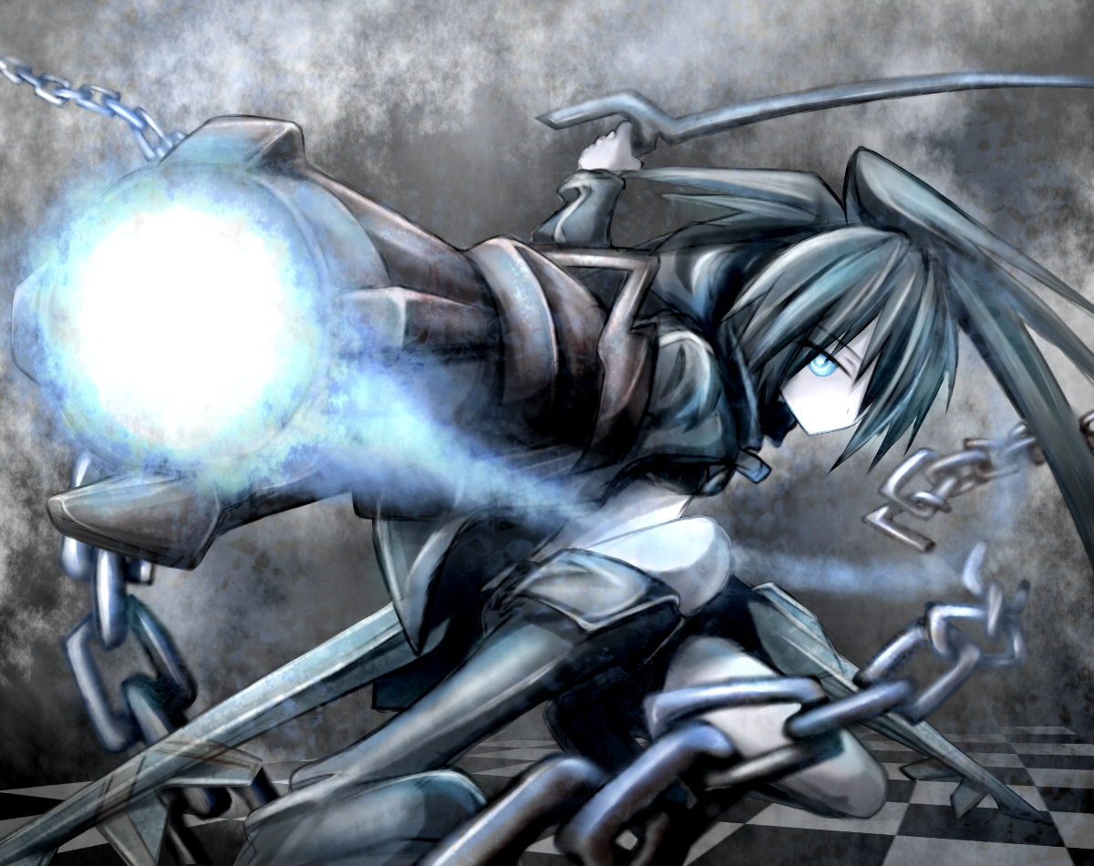 black_hair, black_rock_shooter, blue_eyes, chain, gun, kuroi_mato, kuwachii, sword, weapon