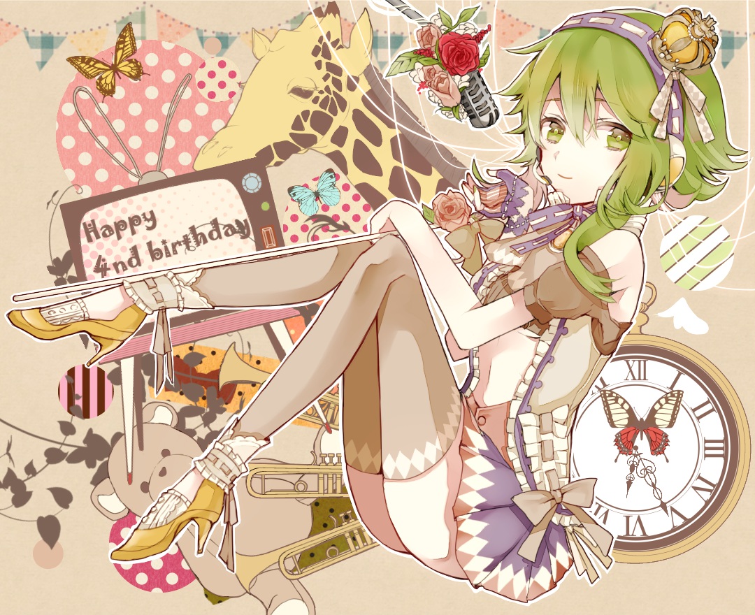 akamega, butterfly, crown, flowers, green_eyes, green_hair, gumi, microphone, rose, thighhighs, vocaloid