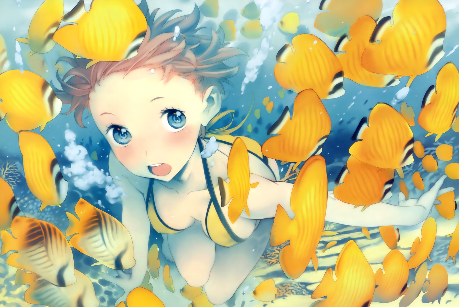 animal, bikini, breasts, cleavage, dengeki_moeoh, fish, nishieda, original