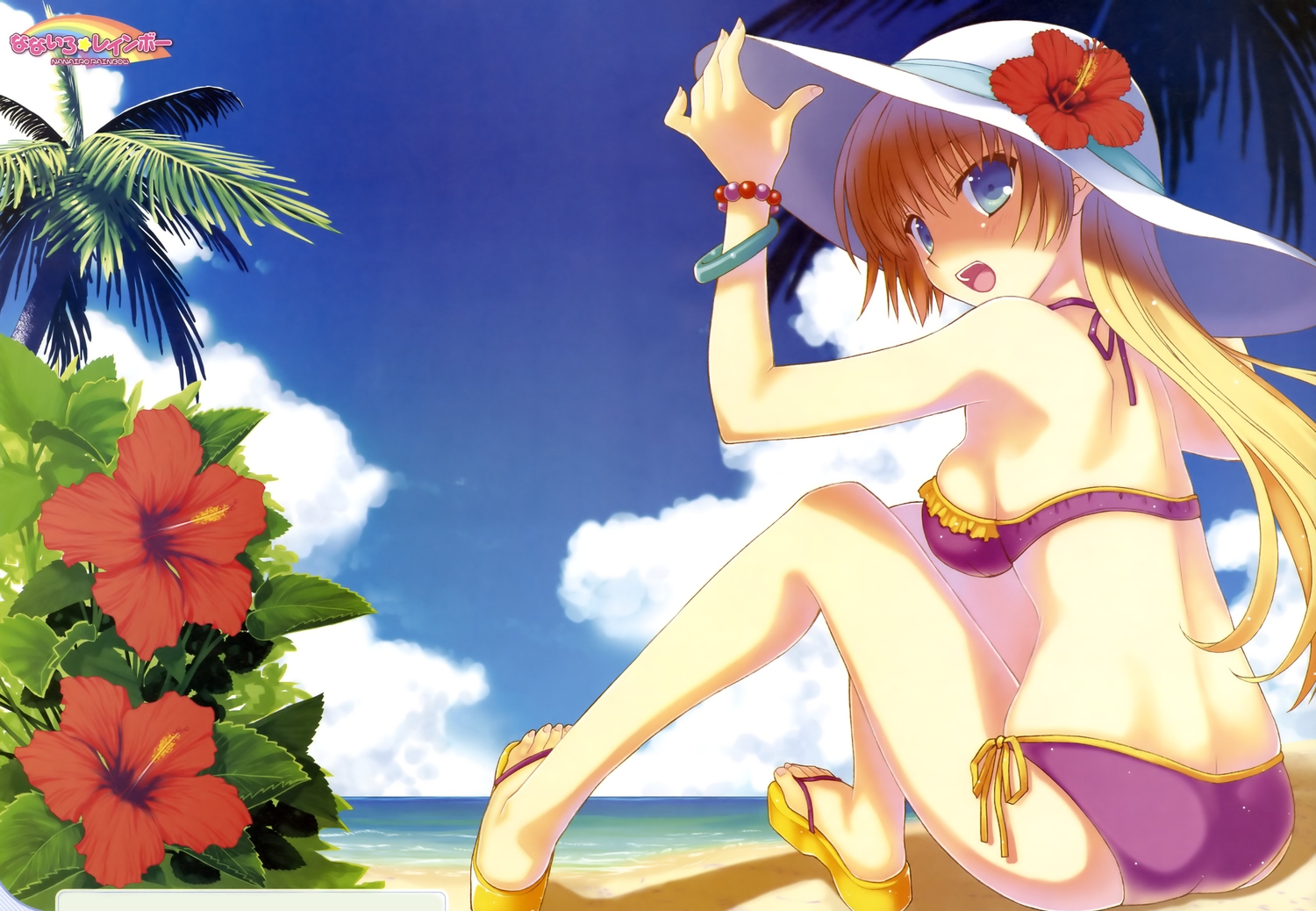 beach, bikini, blonde_hair, dengeki_moeoh, flowers, hat, long_hair, nanao_naru