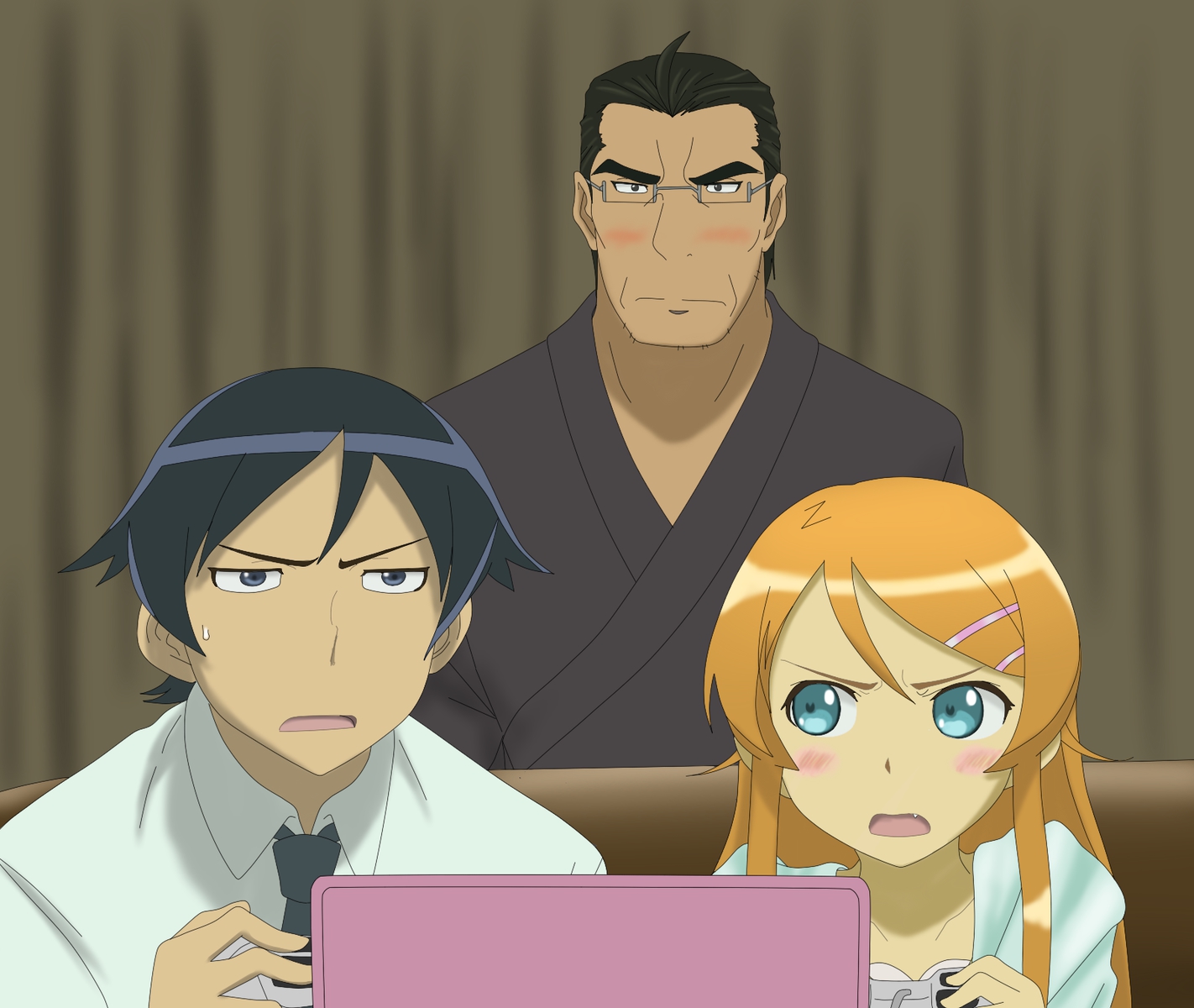 bi_no_ossan, black_hair, blue_eyes, blush, computer, glasses, kousaka_kirino, kousaka_kyousuke