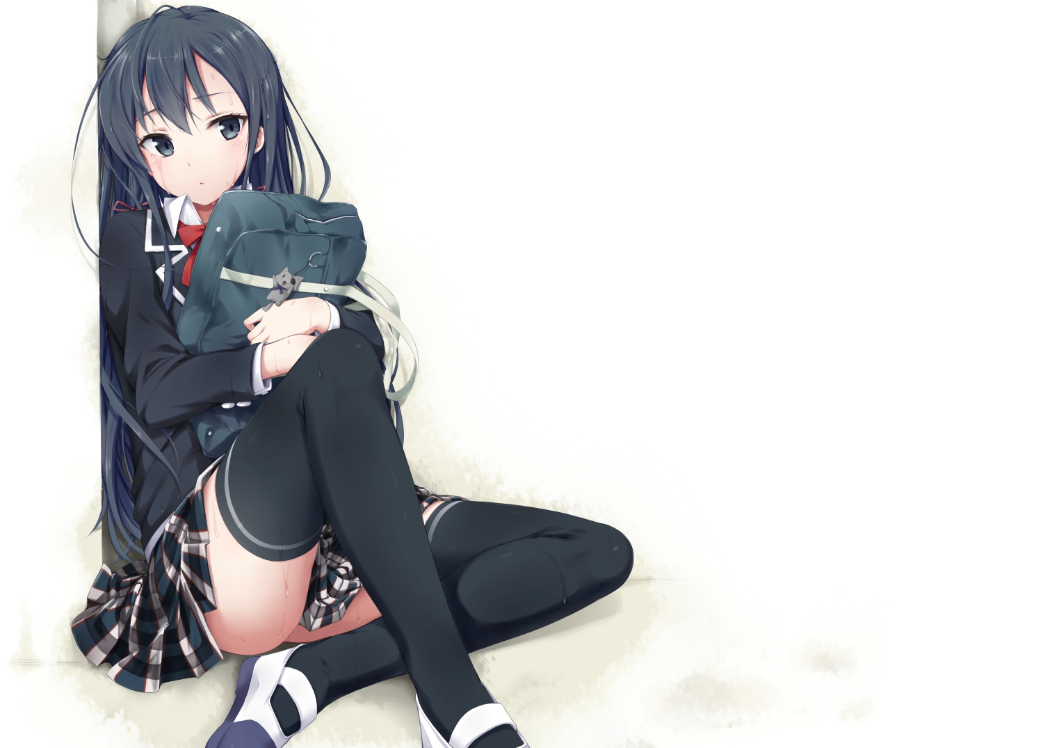 black_hair, long_hair, school_uniform, thighhighs, wet, white, yahari_ore_no_seishun_love_come_wa_machigatteiru., yukinoshita_yukino, zyaan