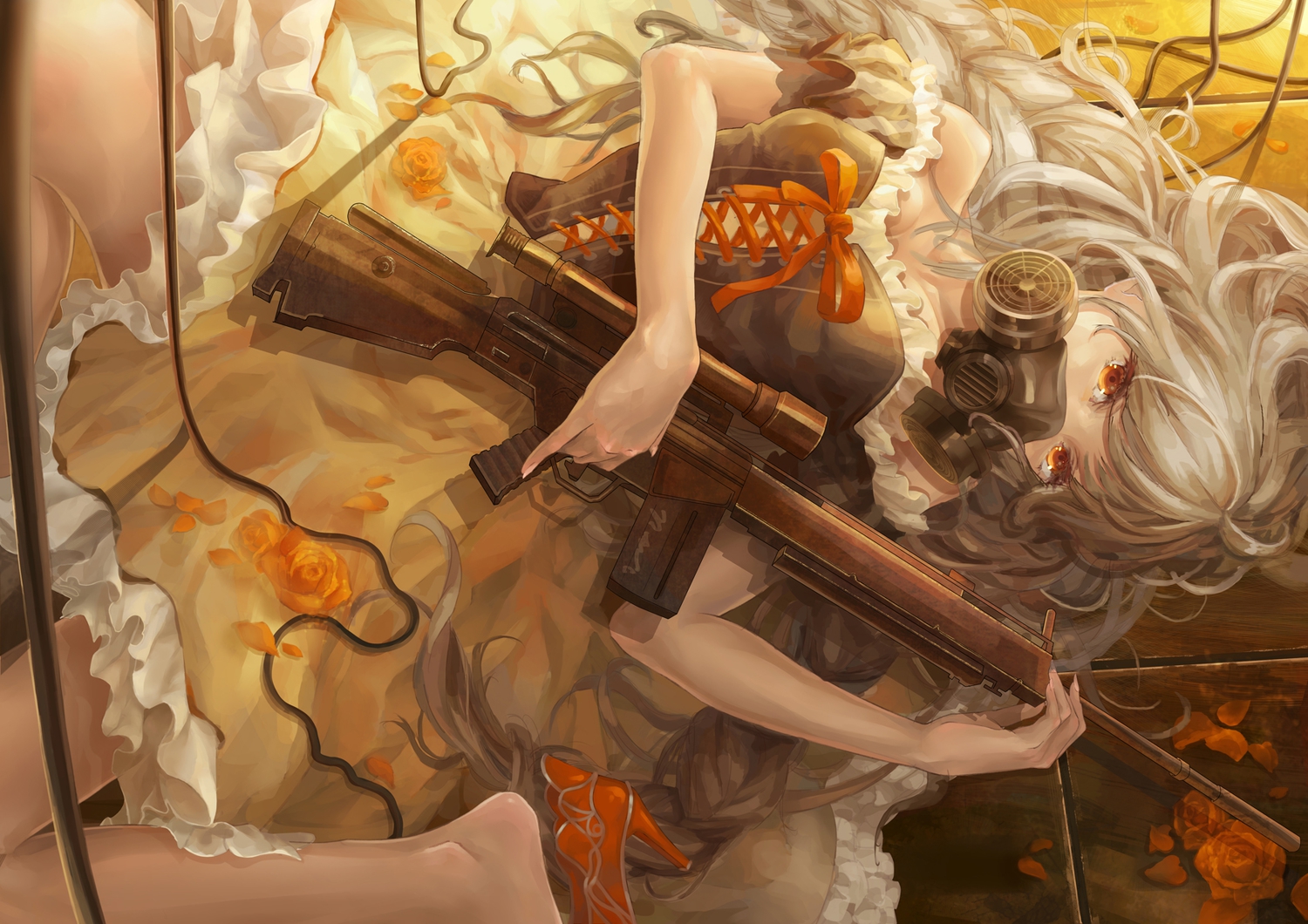 dress, flowers, gun, long_hair, mask, original, petals, piyotama, weapon