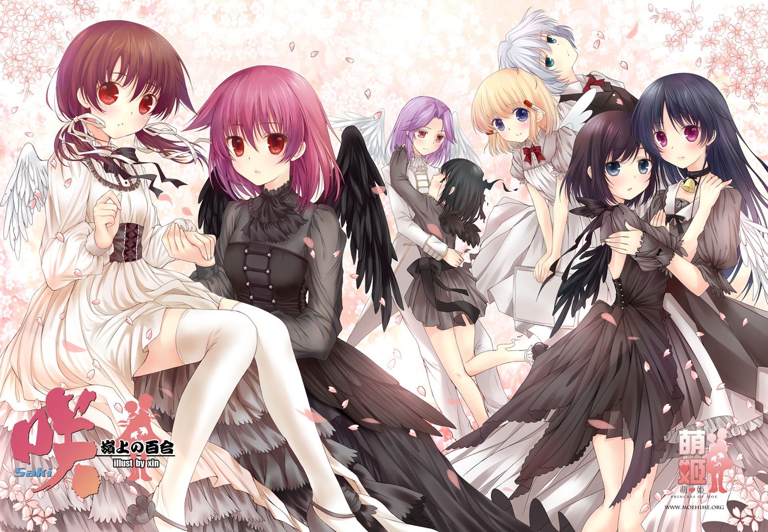 flowers, kajiki_yumi, lolita_fashion, miyanaga_saki, miyanaga_teru, onjouji_toki, petals, saki, shimizudani_ryuuka, thighhighs, toyoko_momoko, weisuoxin, wings