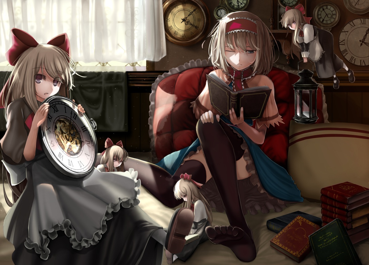 alice_margatroid, blonde_hair, book, bow, doll, gray_eyes, pen_(pixiv257621), shanghai_doll, thighhighs, touhou