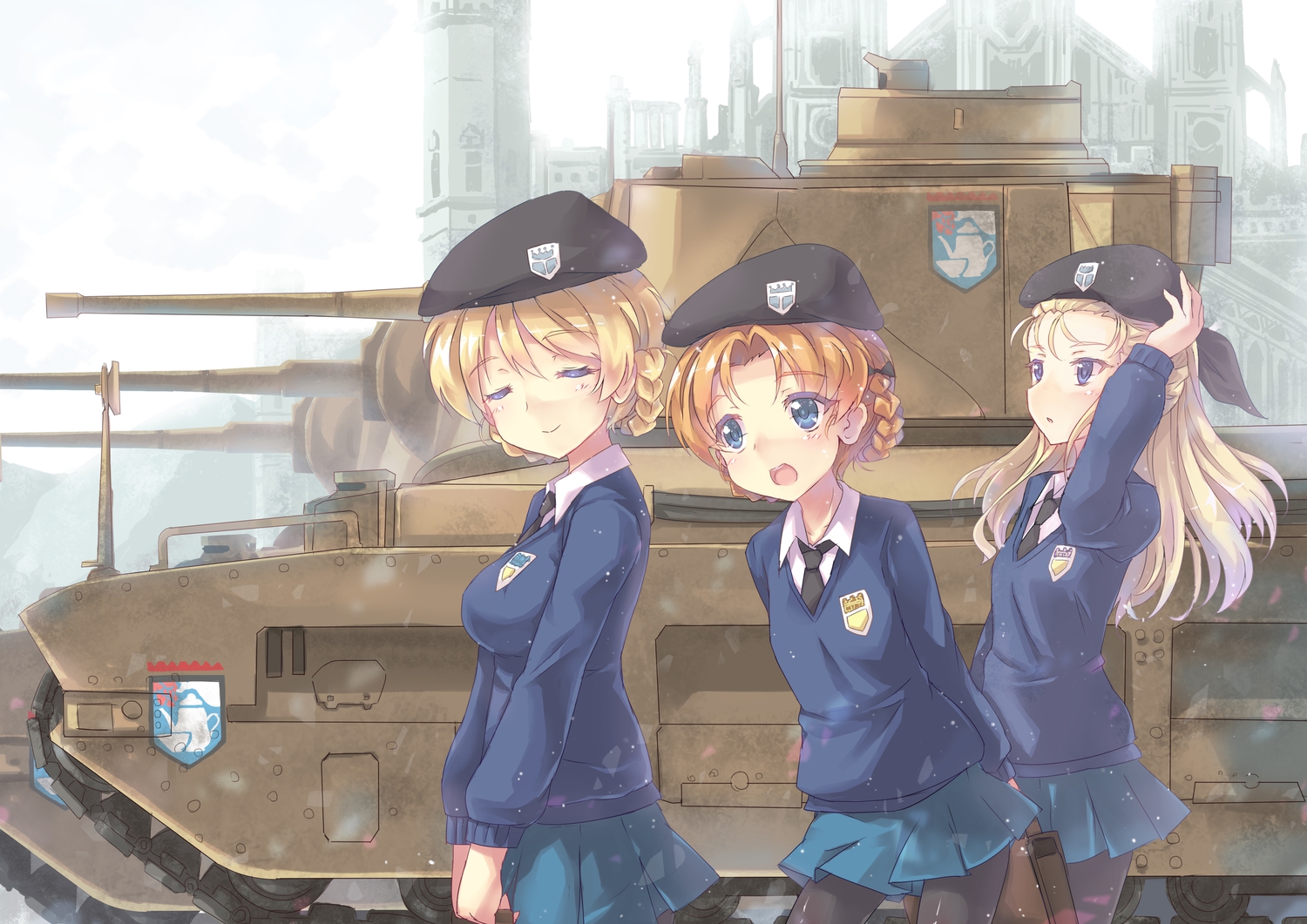 assam_(girls_und_panzer), blonde_hair, blue_eyes, combat_vehicle, darjeeling_(girls_und_panzer), girls_und_panzer, hat, north_abyssor