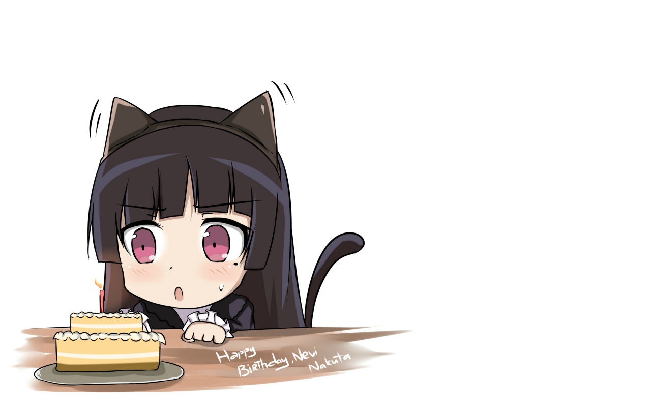 animal_ears, black_hair, cake, catgirl, food, gokou_ruri, itachi_kanade, long_hair, ore_no_imouto_ga_konna_ni_kawaii_wake_ga_nai, purple_eyes, tail, white