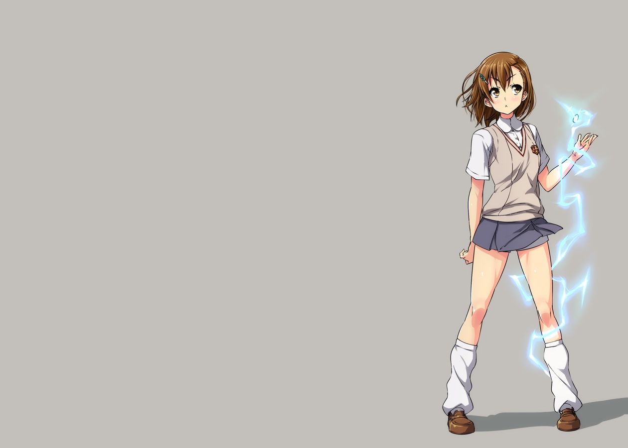 brown_eyes, brown_hair, gray, kneehighs, misaka_mikoto, nekomamire, school_uniform, short_hair, skirt, to_aru_kagaku_no_railgun, to_aru_majutsu_no_index