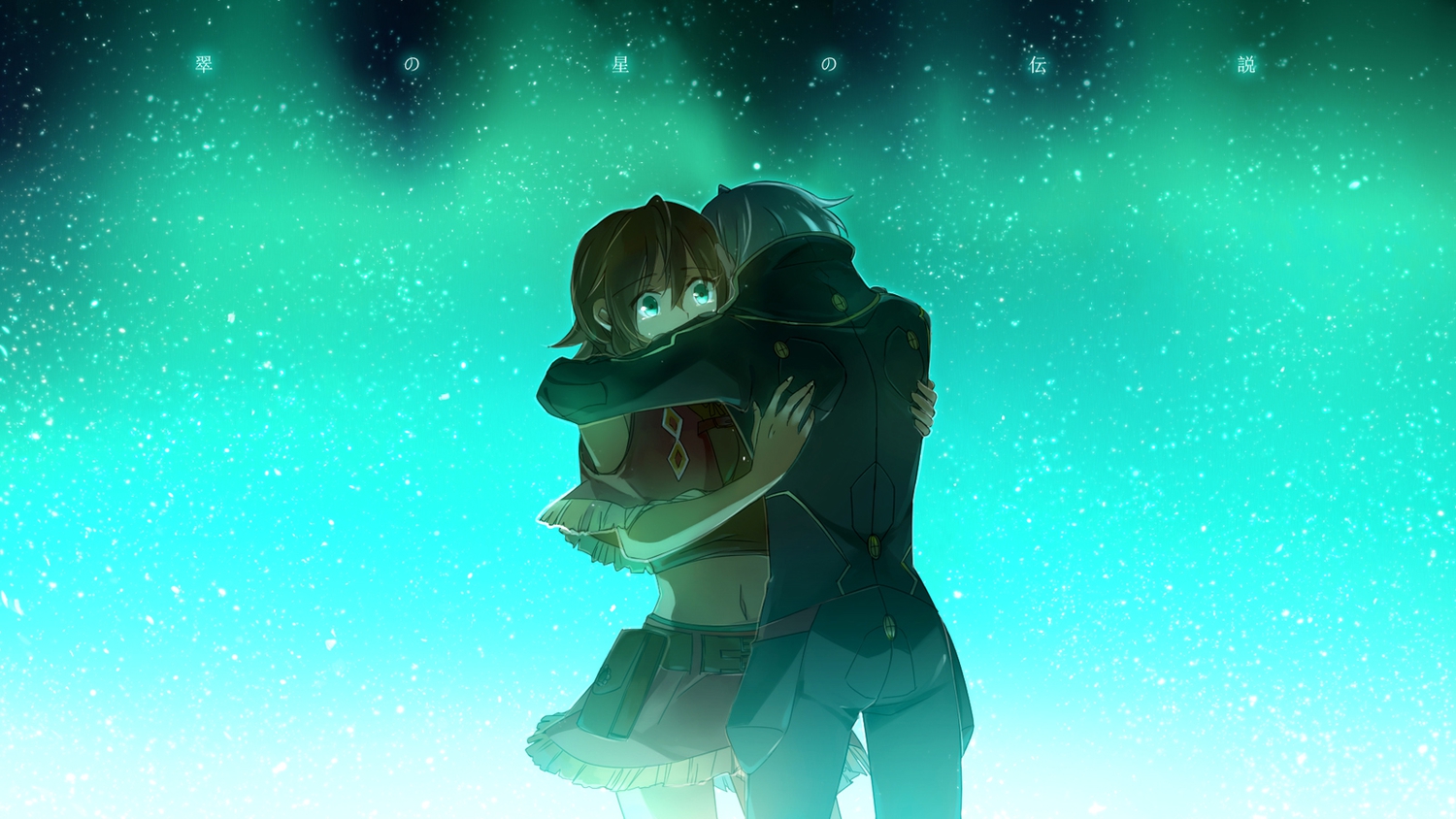 aki_(neyuki41028), amy_(suisei_no_gargantia), blue_eyes, brown_hair, gray_hair, hug, ledo_(suisei_no_gargantia), night, sky, stars, suisei_no_gargantia