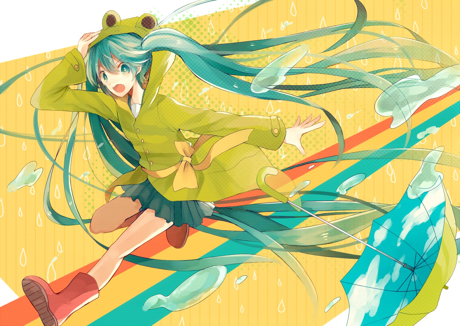 boots, fang, haruka_(reborn), hatsune_miku, long_hair, rain, umbrella, vocaloid, water