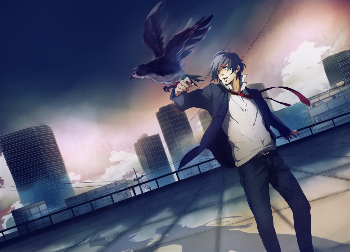 all_male, animal, bird, building, katagawa_mika, male, original, tie