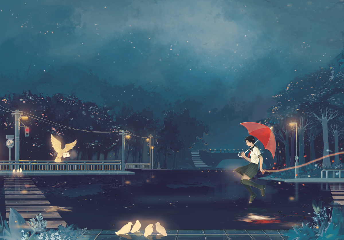 animal, bird, hanasei, night, original, school_uniform, umbrella, water