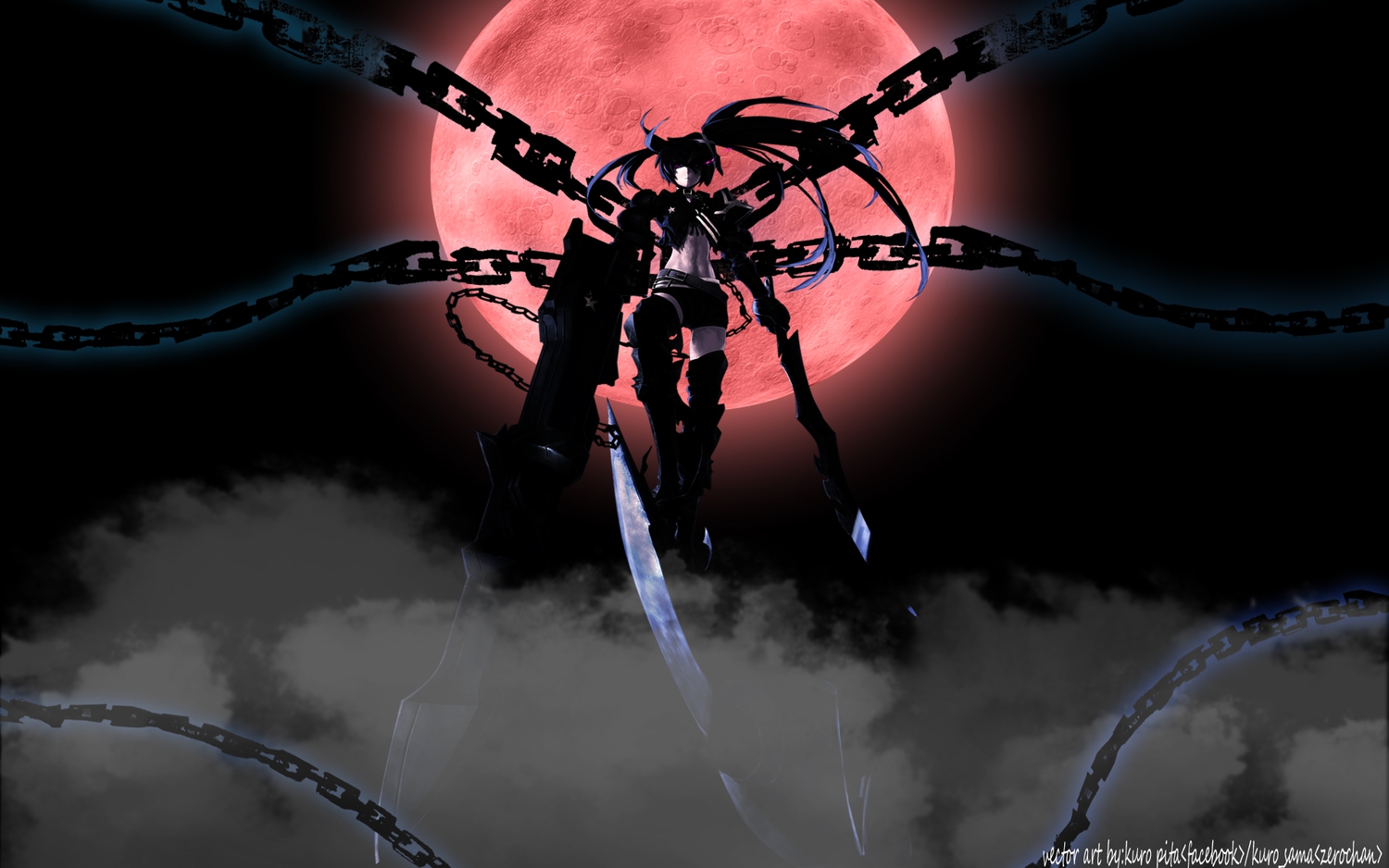 black_hair, black_rock_shooter, chain, gun, insane_black_rock_shooter, kuroi_mato, moon, purple_eyes