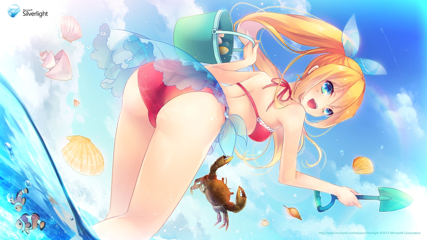 aizawa_hikaru, aliasing, animal, aqua_eyes, ass, bikini, blonde_hair, crab, fish, microsoft, os-tan, ponytail, rainbow, shinia, sky, swimsuit, water, wet