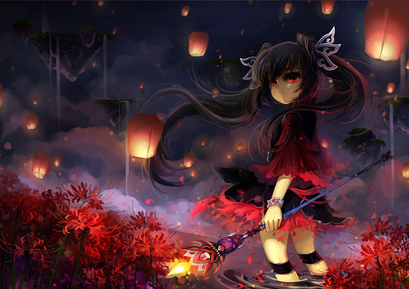 black_hair, flowers, huazha01, original, petals, red_eyes, twintails, water